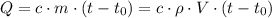 Q=c\cdot m\cdot (t-t_0)=c\cdot \rho \cdot V\cdot (t-t_0)