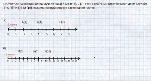 1) отметьте на координатном луче точки а) а (2), в (4), с (7), если единичный отрезок равен двум кле