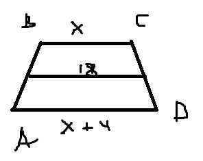 Средняя линия трапеции равна 18 см. вычислите длину большего ос- нования трапеции, если разница длин