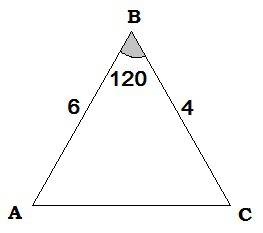 Две стороны треугольника равны 6 см и 4 см, а угол между ними равен 120 градусам. найдите длину трет