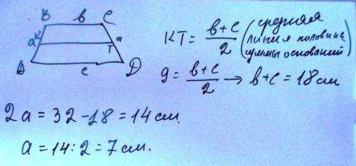 Периметр рівнобічної трапеціїї 32 см а середня лінія 9 знайдіть бічна сторону