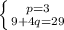 \left \{ {{p = 3} \atop {9 + 4q = 29}} \right.