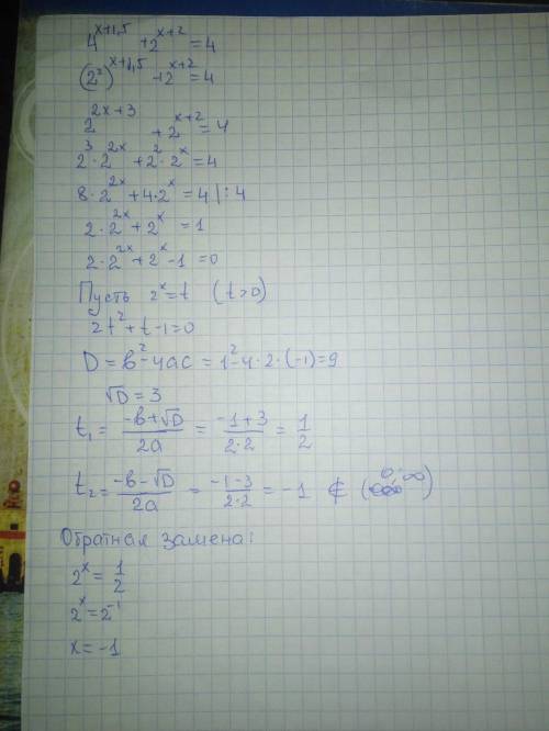 4^x+1,5 + 2^x+2 = 4 четыре в степени х+1,5 плюс два в степени х+2 равно четыре. , , решить уравнение