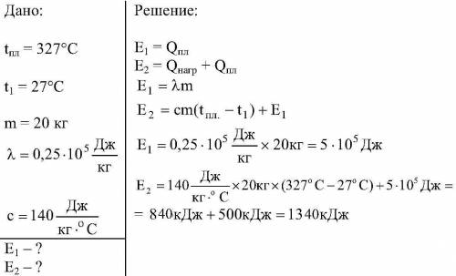 Решите по : сколько энергии требуется затратить, чтобы расплавить свинец массой 20 кг при температур
