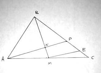 Втреугольнике abc на его медиане bm отмечена точка k так, что bk : km = 7 : 3 . прямая ak пересекает