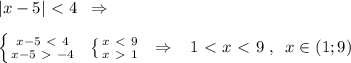 |x-5|\ \textless \ 4\; \; \Rightarrow \\\\ \left \{ {{x-5\ \textless \ 4} \atop {x-5\ \textgreater \ -4}} \right. \; \; \left \{ {{x\ \textless \ 9} \atop {x\ \textgreater \ 1}} \right. \; \; \Rightarrow \; \; \; 1\ \textless \ x\ \textless \ 9\; ,\; \; x\in (1;9)