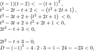 (t-1)(t-2)\ \textless \ -\left(t+1\right)^2,\\t^2-2t-t+2\ \textless \ -\left(t^2+2t+1\right),\\t^2-3t+2+\left(t^2+2t+1\right)\ \textless \ 0,\\t^2-3t+2+t^2+2t+1\ \textless \ 0,\\2t^2-t+3\ \textless \ 0,\\\\2t^2-t+3=0,\\D=\left(-1\right)^2-4\cdot2\cdot3=1-24=-23\ \textless \ 0,