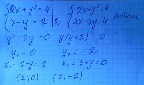 Решите систему линейных уравнений: 2x+y^2=4 x-y=2