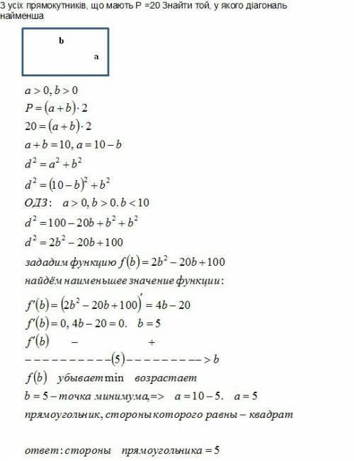Зусіх прямокутників, що мають р =20 знайти той, у якого діагональ найменша