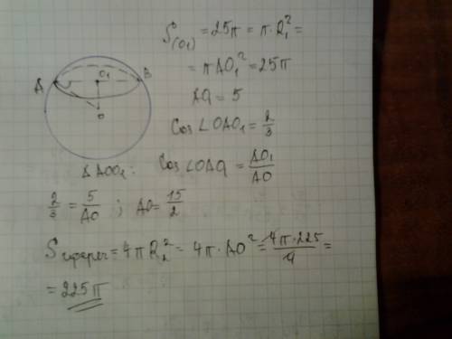 Площа перерізу кулі площиною дорівнює 25п. радіус кулі утворює з радіусом перерізу кут, косінус якщо