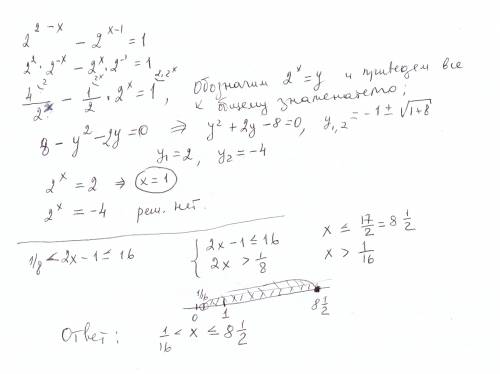 Решить: 2 в степени (2-x)-2 в степени (x-1)=1 1/8< 2x-1≤16.