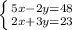 \left \{ {{5x-2y=48 \atop {2x+3y=23}} \right.