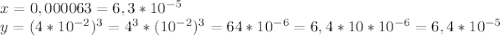 x=0,000063=6,3*10^{-5}\\y=(4*10^{-2})^3=4^3*(10^{-2})^3=64*10^{-6}=6,4*10*10^{-6}=6,4*10^{-5}