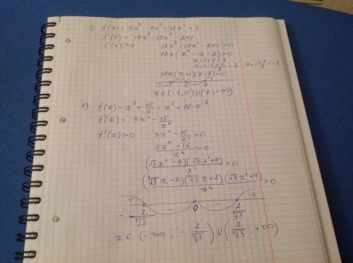 Решите неравенство f'(x)> 0, если: 1) f(x)=3x^4-4x^3-12x^2+3; 2) f(x)=x^3+16/x 3) f(x)=(x-3)*коре