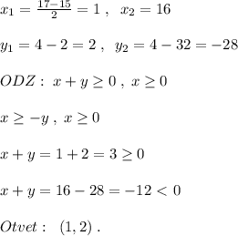 x_1=\frac{17-15}{2}=1\; ,\; \; x_2=16\\\\y_1=4-2=2\; ,\; \; y_2=4-32=-28\\\\ODZ:\; x+y \geq 0\; ,\; x \geq 0\\\\x \geq -y\; ,\; x \geq 0\\\\x+y=1+2=3 \geq 0\\\\x+y=16-28=-12\ \textless \ 0\\\\Otvet:\; \; (1,2)\; .