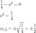 \displaystyle \frac{1}{4}-x^2=0\\\\x^2= \frac{1}{4} \\\\x_{1,2}= \pm\sqrt{ \frac{1}{4} } =\pm \frac{1}{2}