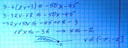 Решите неравенство: 3-4(8х+3)< =-50х-45