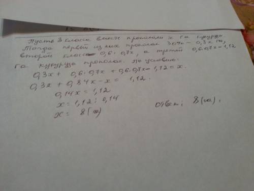 Три класса хозяйству в прополке кукурузы. один класс прополол 30% всей площади, второй - 60% остатка