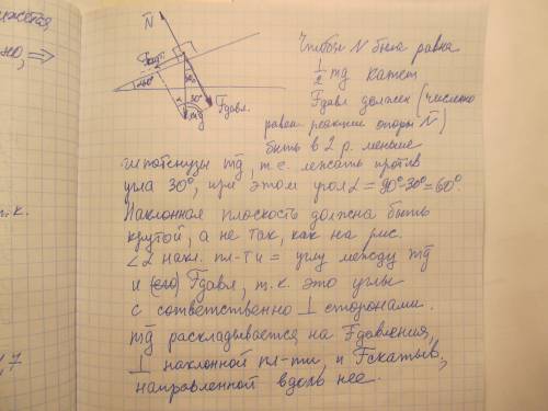 При каком угле наклона плоскости сила нормальной реакции в 2 раза меньше силы тяжести? при выполнени