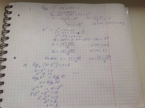 Решите ; 1) log за основою 71(x^2-15x+50)=0 2) log за основою 2(10-2^x)=x+2 3) log за основою 7(6+7^