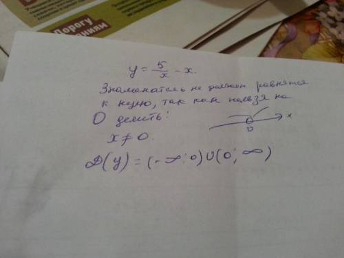 Найдите область определения функции, заданной формулой y=5/x-x.