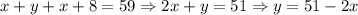 x+y+x+8=59 \Rightarrow 2x+y=51 \Rightarrow y=51-2x