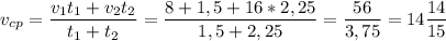 \displaystyle v_{cp}= \frac{v_{1}t_{1}+v_{2}t_{2}}{t_{1}+t_{2}}= \frac{8+1,5 + 16*2,25}{1,5+2,25}= \frac{56}{3,75}=14 \frac{14}{15}