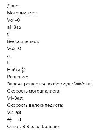 Мотоциклист и велосипедист одновременно начинают движение из состояние покоя. ускорение мотоциклиста