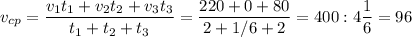 \displaystyle v_{cp}= \frac{v_{1}t_{1}+v_{2}t_{2}+v_{3}t_{3}}{t_{1}+t_{2}+t_{3}}= \frac{220+0+80}{2+1/6+2}=400:4 \frac{1}{6}=96