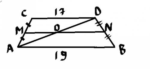 Диагональ трапеции делит среднюю линию на два отрезка.основания трапеции равны вс=17,аб=19.найдите б