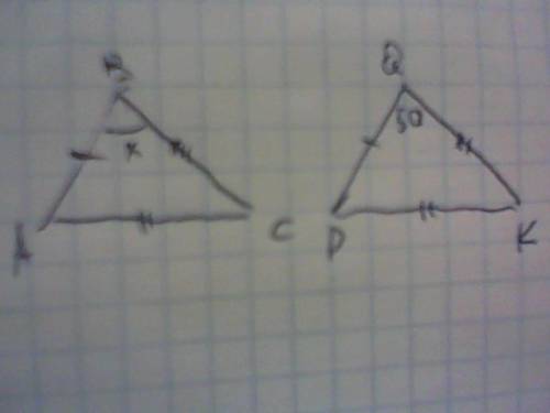 Втреугольнике abc и pqr ab =pq, ac=pk и bc=qr, угол q=50градусов. найдите угол b