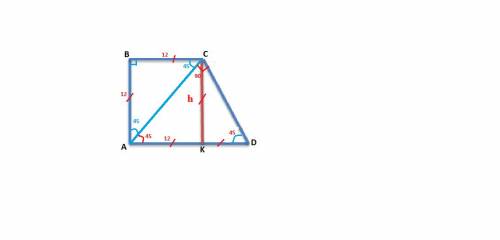 Впрямоугольной трапеции меньшее основание равно 12 см и составляет с меньшей диагональю угол 45. най