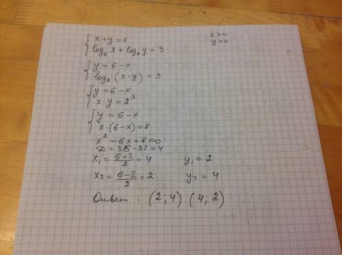 Решите систему уравнений x+y=6,log2x+log2y=3