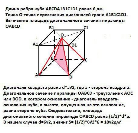 Длина ребра куба abcda1b1c1d1 равна 6 дм. точка о- точка пересечения диагоналей грани a1b1c1d1. вычи