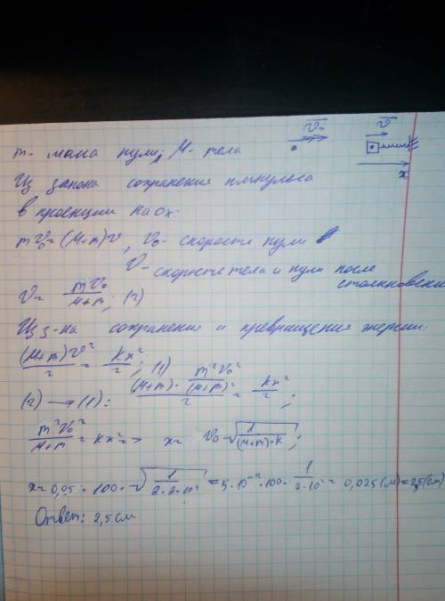 Пуля попадает в тело массой 1,95 кг и застревает в нём. тело приклеено к стене пружиной. определить