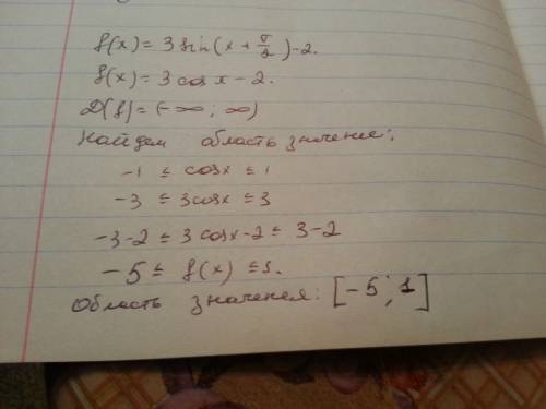 Найдите область значения и область определения для функции f(x)=3sin(x+пи/2)-2