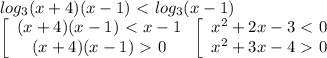 log_3(x+4)(x-1)\ \textless \ log_3(x-1)\\\left[\begin{array}{ccc}(x+4)(x-1)\ \textless \ x-1\\(x+4)(x-1)\ \textgreater \ 0\end{array}\right\left[\begin{array}{ccc}x^2+2x-3\ \textless \ 0\\x^2+3x-4\ \textgreater \ 0\end{array}\right