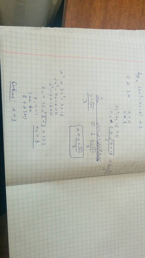 Логарифм (3х^2-4х-6) по основанию х равно 2