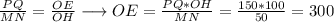 \frac{PQ}{MN}=\frac{OE}{OH}\longrightarrow OE=\frac{PQ*OH}{MN}=\frac{150*100}{50}=300