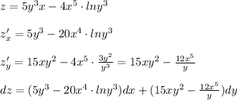 z=5y^3x-4x^5\cdot lny^3\\\\z'_{x}=5y^3-20x^4\cdot lny^3\\\\z'_{y}=15xy^2-4x^5\cdot \frac{3y^2}{y^3}=15xy^2-\frac{12x^5}{y}\\\\dz=(5y^3-20x^4\cdot lny^3)dx+(15xy^2-\frac{12x^5}{y})dy