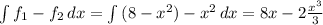 \int\limits{f_{1}-f_{2}} \, dx = \int\limits {(8-x^{2})-x^{2}} \, dx =8x-2\frac{x^{3}}{3}