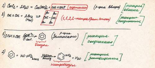 Осуществите цепочку превращений cac2=> c2h2=> chbr2-chbr2 c2h2=> c6h6=> c6h5no2 указать