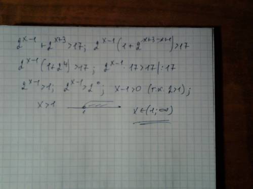 решить квадратное неравенство 2^(x-1)+2^(x+3)> 17