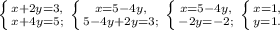 \left \{ {{x+2y=3,} \atop {x+4y=5;}} \right. \left \{ {{x=5-4y,} \atop {5-4y+2y=3;}} \right. \left \{ {{x=5-4y,} \atop {-2y=-2;}} \right. \left \{ {{x=1,} \atop {y=1.}} \right.