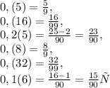 0,(5)=\frac{5}{9}, \\ 0,(16)=\frac{16}{99}, \\ 0,2(5)=\frac{25-2}{90}=\frac{23}{90}, \\ 0,(8)=\frac{8}{9}, \\ 0,(32)=\frac{32}{99}, \\ 0,1(6)=\frac{16-1}{90}=\frac{15}{90}ю