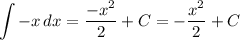 \displaystyle \int\limits {-x} \, dx = \frac{-x^2}{2}+C=- \frac{x^2}{2}+C