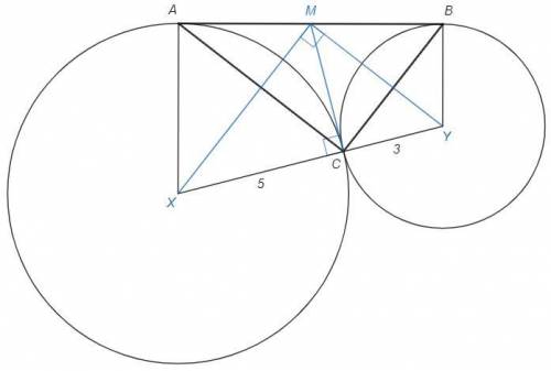 Две окружности, радиусы которых 5 и 3, внешне касаются в точке с, ав - их общая касательная (а и в-т