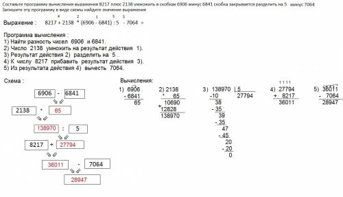 Составьте программу вычисления выражения 8217 плюс 2138 умножить в скобках 6906 минус 6841 скобка за