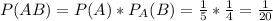 P(AB)=P(A)*P_A(B)=\frac{1}{5}*\frac{1}{4}=\frac{1}{20}