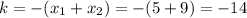 k=-(x_1+x_2)=-(5+9)=-14